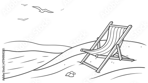 Escape to paradise with this hand-drawn beach scene featuring a deck chair and seagulls for ultimate relaxation