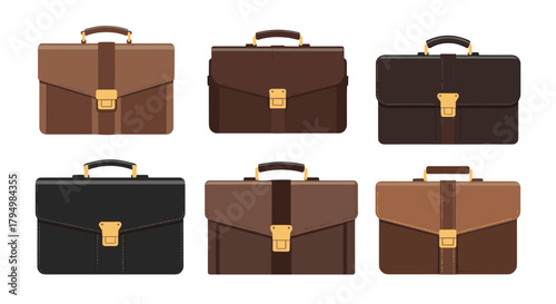 Collection of six classic and modern business briefcases in various shades of brown and black leather, shown isolated on a white background.