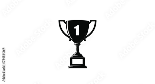 Black silhouette icon of a champion's trophy cup with the number one, symbolizing victory, success, and first place achievement.