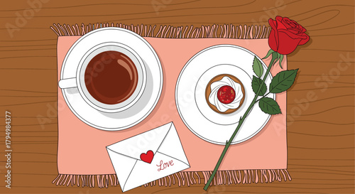 Romantic top-down view of a coffee cup, a sweet tart, a single red rose, and a love letter on a wooden table for Valentine's Day.