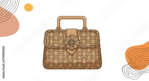 Stylish woven straw handbag with a delicate flower clasp and leather handle, set against a background with modern abstract shapes.
