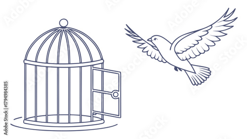 Elegant freedom concept of a flying bird leaving its cage, perfect for themes of liberation and aspiration