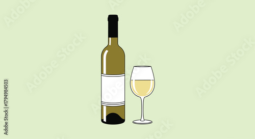 Simple and clean illustration of a bottle of white wine with a blank label for branding, next to a full glass on a green background.