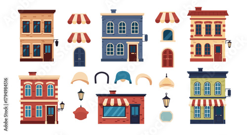 City building constructor set with various cartoon houses, doors, windows, and awnings to create custom cityscapes and streets.