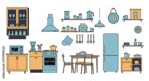 Large set of kitchen furniture and appliance illustrations in a charming doodle style, featuring a refrigerator, stove, and more.