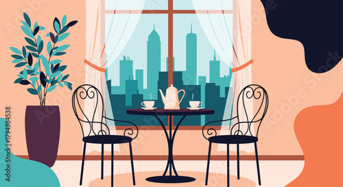 Cozy and romantic cafe interior with a table for two, offering a beautiful view of a modern city skyline through a large window.