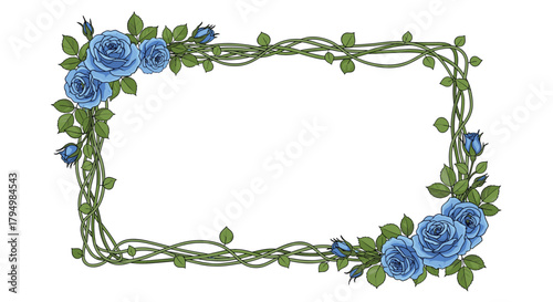 Elegant rectangular frame made of intricately intertwined green vines and beautiful blue roses, perfect for invitations or borders.
