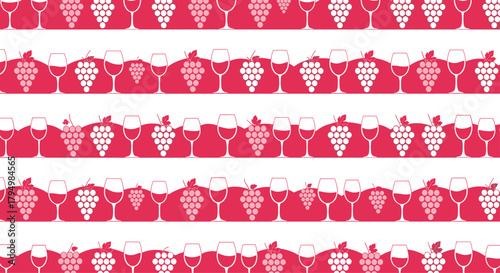 Seamless decorative border pattern with stylized red wine glasses and bunches of grapes, ideal for winery or restaurant branding.