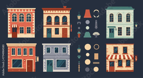 Vintage town building constructor kit with a variety of classic facades, architectural elements, doors, and windows for design.