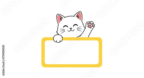 Adorable cartoon white cat waving a friendly hello from behind a blank frame with a yellow border, leaving room for text.