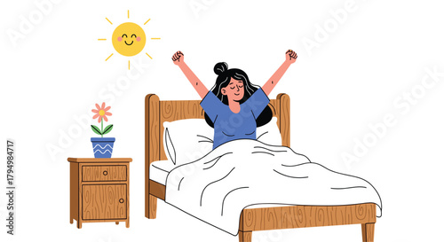 Joyful woman greets a new day by stretching in bed, with a smiling sun and a flower on the nightstand.