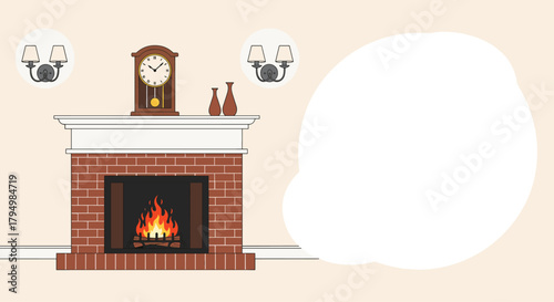 Cozy living room interior scene featuring a classic brick fireplace with a burning fire and a large blank speech bubble for text.