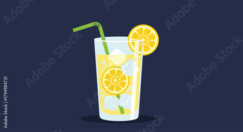 Refreshing glass of lemonade filled with ice cubes, lemon slices, and a green straw, perfect for a hot summer day.