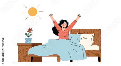 Happy woman waking up in the morning, stretching in her cozy bed with the bright sun shining through the window.