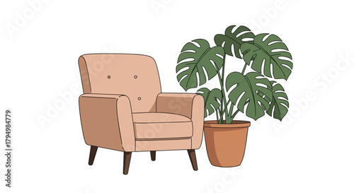Minimalist interior design illustration featuring a comfortable beige armchair paired with a lush, green potted monstera plant for a modern look.