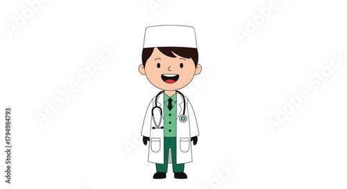 Friendly and smiling cartoon doctor character wearing a white coat, a head mirror, and a stethoscope around his neck.