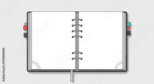 Top-down view of an open ring-bound planner or notebook with blank white pages, ready for writing, drawing, or scheduling.