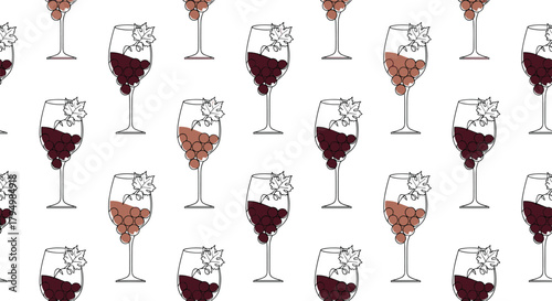Elegant and artistic seamless pattern of wine glasses filled with red and ros� wine, decorated with grapes and vine leaves.