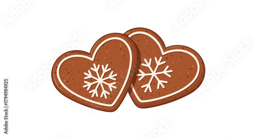 Two delicious heart-shaped gingerbread cookies decorated with white icing and a delicate snowflake design, perfect for winter holidays.
