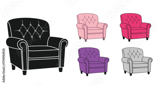 Set of elegant tufted armchairs with rolled arms, presented as a black silhouette and in four different color variations.