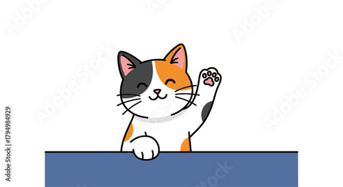 Cute and friendly calico cat character peeking over a blue surface and waving a paw in a cheerful greeting.
