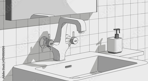 Monochromatic black and white illustration of a modern bathroom sink with a stylish faucet, a soap dispenser, and a tiled wall.