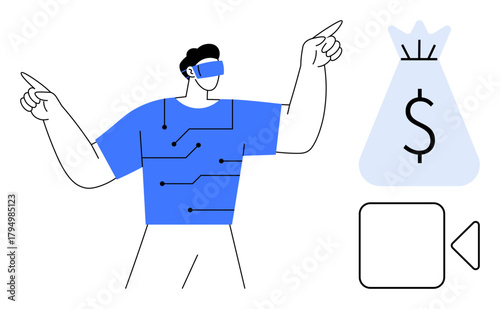 Man wearing virtual reality headset interacting with technology-themed elements thumbs up a money bag and video icon. Ideal for virtual reality, fintech, digital marketing, gaming, online