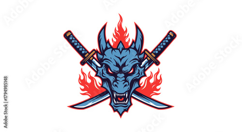 A stylized blue dragon head with crossed swords and flames behind it.