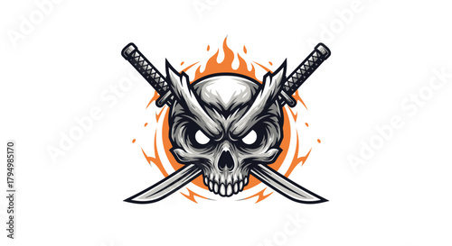 A menacing skull with crossed swords, surrounded by flames, ready for battle.