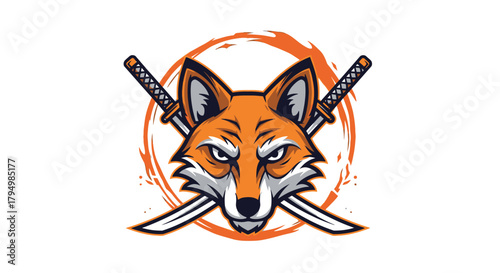 A stylized illustration of a fox head with crossed swords and a circular background.