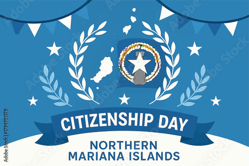 citizenship day, northern mariana islands, celebration banner, island silhouette, blue background, laurel