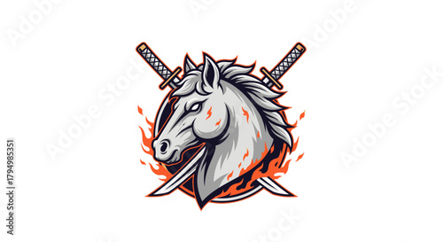 Horse head graphic with crossed swords and flames, stylized design.