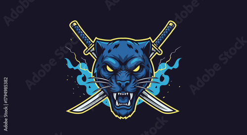 Blue panther head with crossed swords and blue smoke on a dark background, stylized illustration.