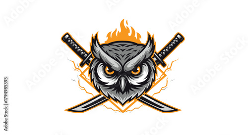 Owl head with crossed katana swords and flames, creating a fierce and stylized emblem.