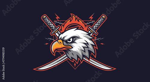 Fierce eagle head with crossed katanas, flames, and lightning bolts on dark background.