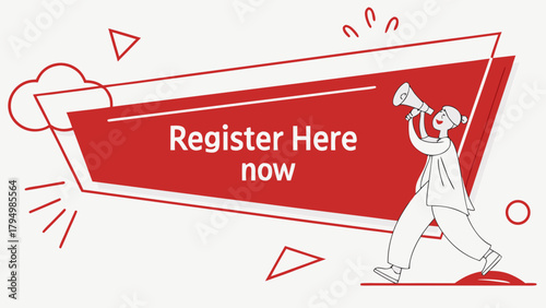 Promotional graphic announces registration open with megaphone illustration for events and special opportunities now