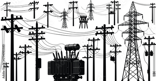 Silhouette vector illustration of electrical transformers, utility poles, and transmission towers—power grid infrastructure, voltage system, energy distribution layout for engineering reference