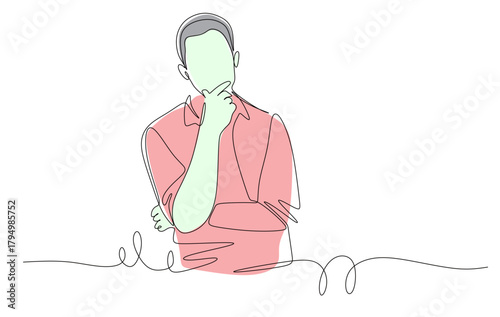 Continuous line art of a businessman deep in thought and searching for ideas to advance his business. Vector illustration with attractive colors.