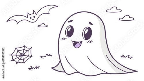Adorable Halloween ghost cartoon design with bat and spiderweb for festive holiday decorations or party invitations