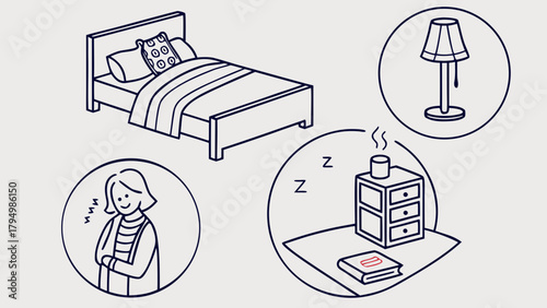 Cozy bedroom scene featuring a bed, nightstand, lamp, sleeping woman, and book, perfect for relaxation themes