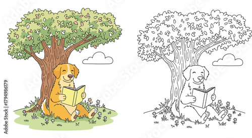 Happy Golden Retriever Reading a Book Under a Shady Tree in a Meadow - Relaxing Coloring Page for Dog Lovers
