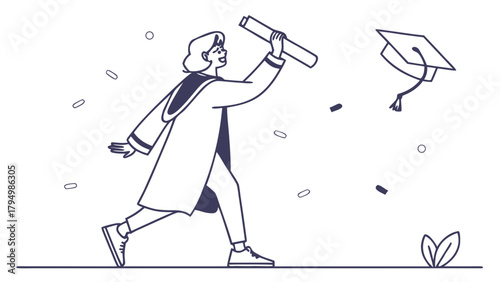 Joyful graduate celebrates achievement, diploma in hand, graduation cap flying high, ready for bright future