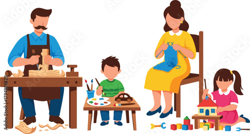 Father Carves Wood Mother Knits Son Paints Daughter Plays With Blocks Indoors