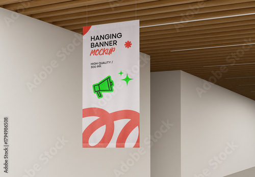 Hanging Banner Mockup Template – Realistic Vertical Fabric Advertising Display with Soft Indoor Lighting