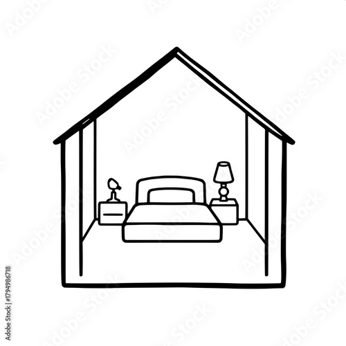 A stark black-and-white pictogram of a house shape with a rectangular roof and a square base, enclosing a minimal bedroom scene with a centered bed featuring a simple headboard and a bedside table wit