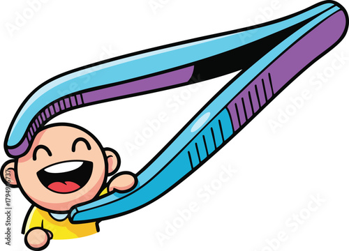 Cartoon Baby Face Gripped By Large Blue Tweezers With Purple Accents Against White Background