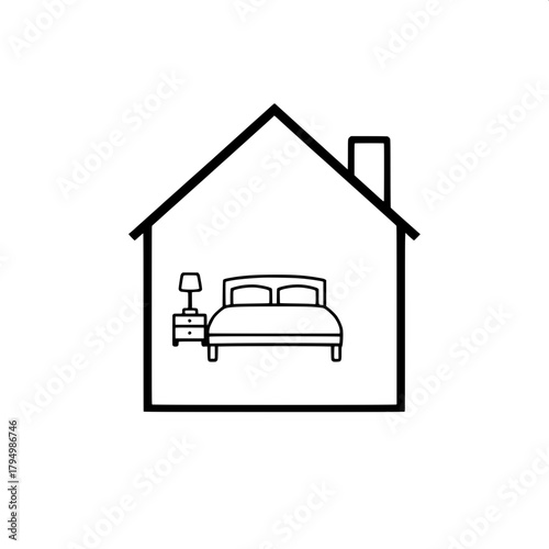 A stark black-and-white pictogram of a house shape with a rectangular roof and a square base, enclosing a minimal bedroom scene with a centered bed featuring a simple headboard and a bedside table wit