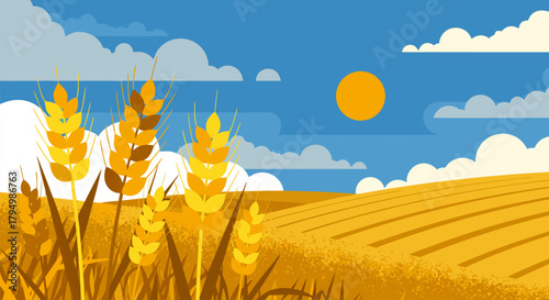 Wheat Field Under a Bright Sky Illustration