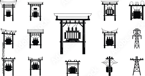 Silhouette vector illustration of torii gate electrical transformers—cultural fusion, power grid infrastructure, voltage system, energy distribution network layout design