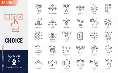 Choice icon set. Containing icons: decision, option, selection, dilemma, select, preference, quiz, opportunity and more. Vector illustration